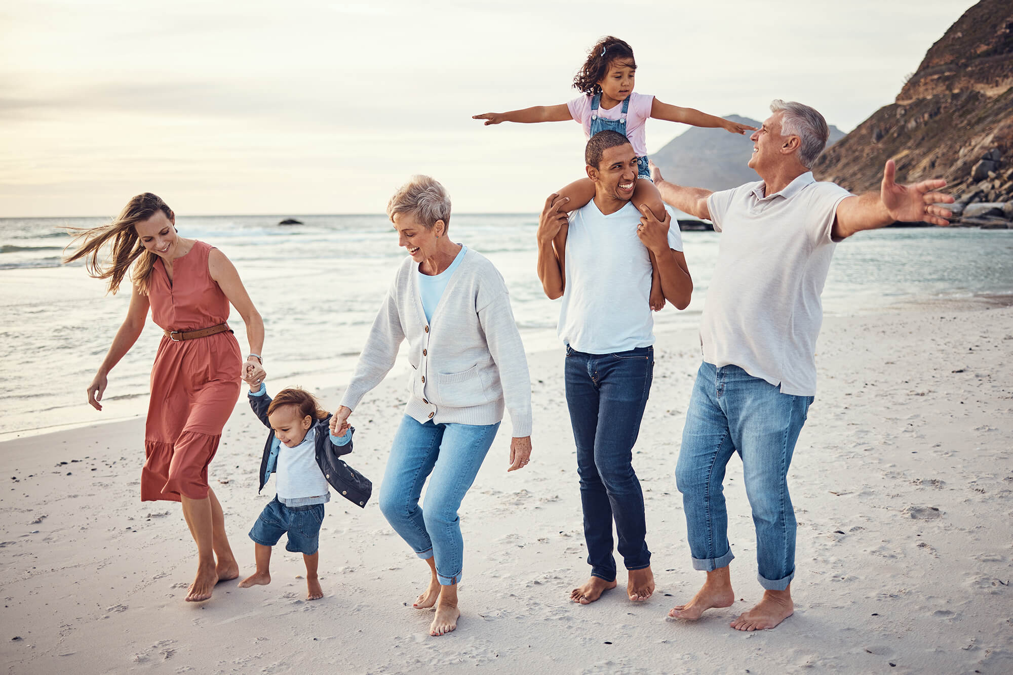 Happy family vacation and beach walk