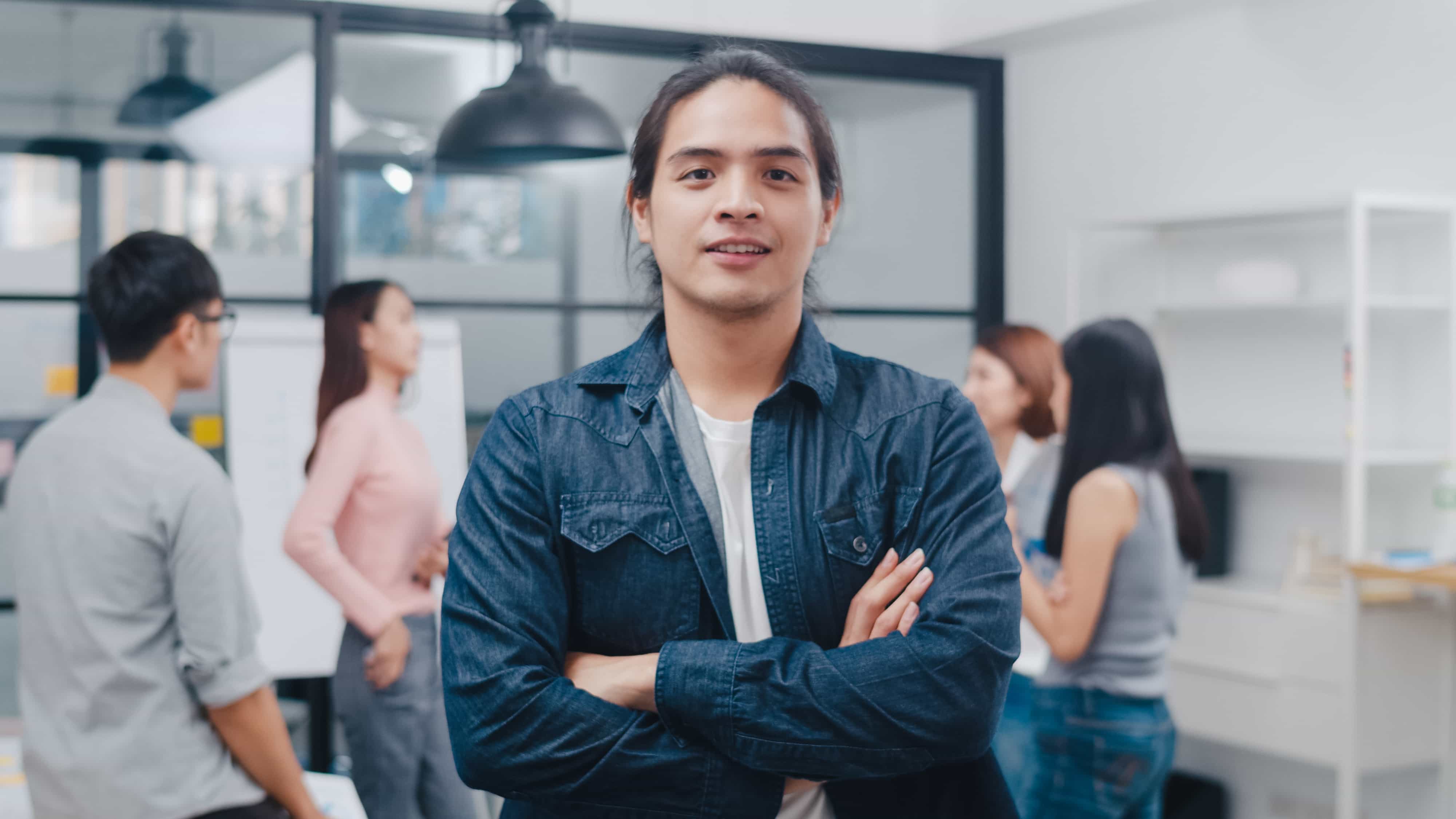 portrait successful handsome executive businessman smart casual wear looking camera smiling